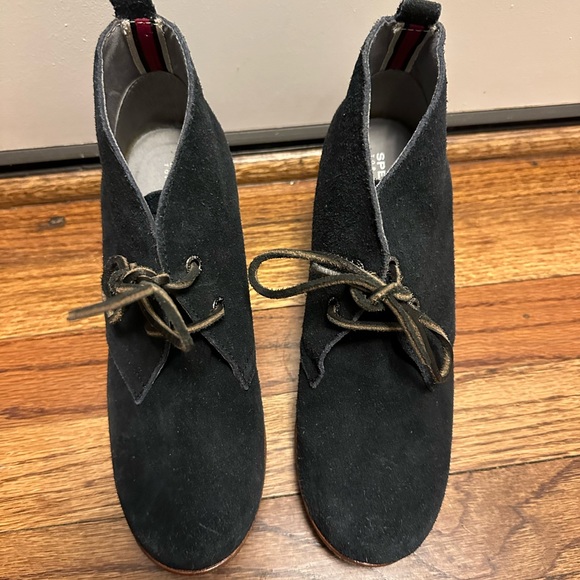 Sperry Top Sider Women US 7.5 black Leather Wedge Bootie Boots Shoe - Picture 1 of 5